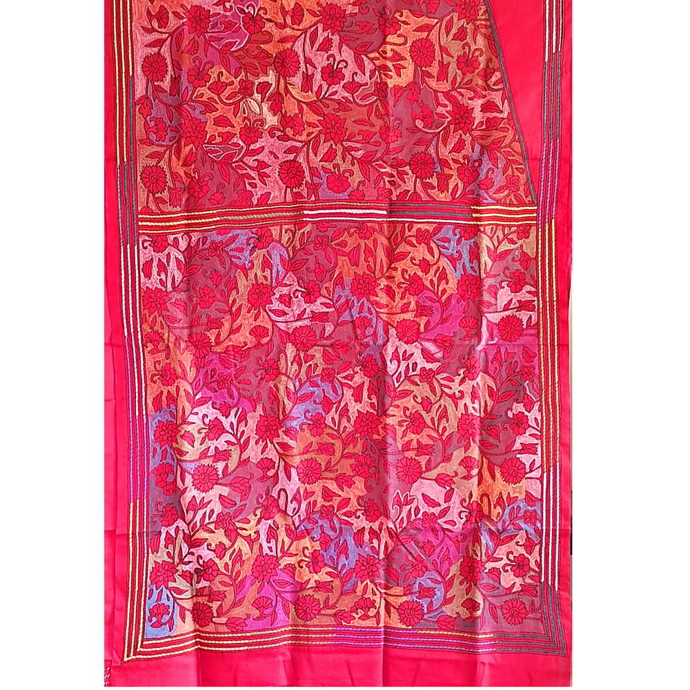 Kantha silk Saree with strawberry red base KS-01-5