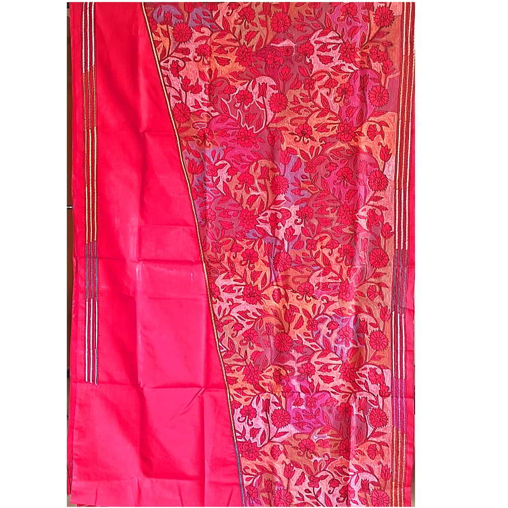 Kantha silk Saree with strawberry red base KS-01-5
