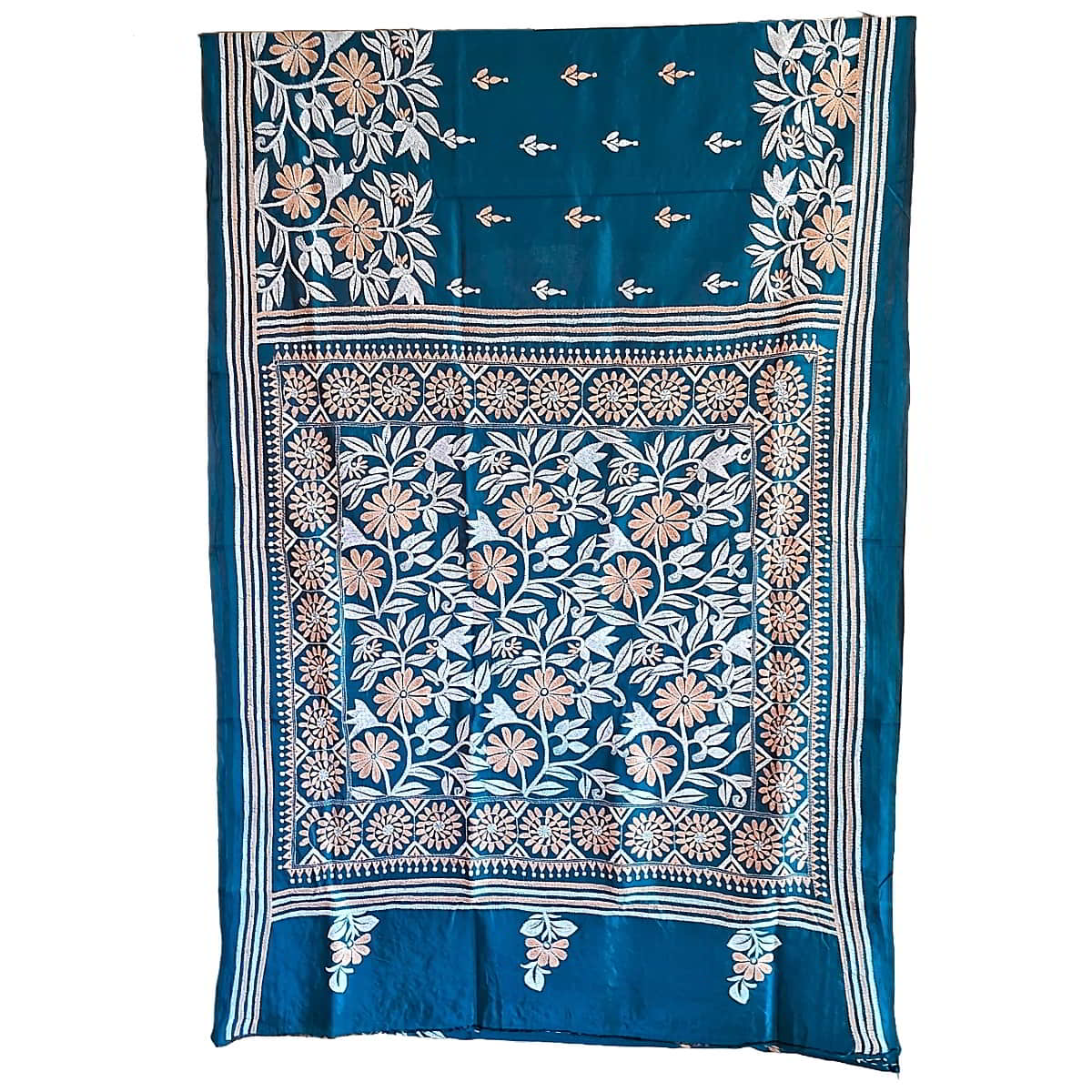 Turquoise blue kantha silk sari KS-522 