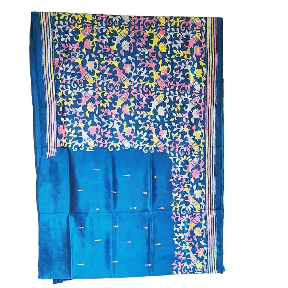Kantha silk Saree peacock blue  KS-01-513a